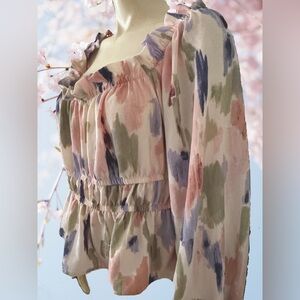 Sofia by Sofia Vergara Ruffled Blouse with Bishop Sleeves in Pink and Blue NWOT